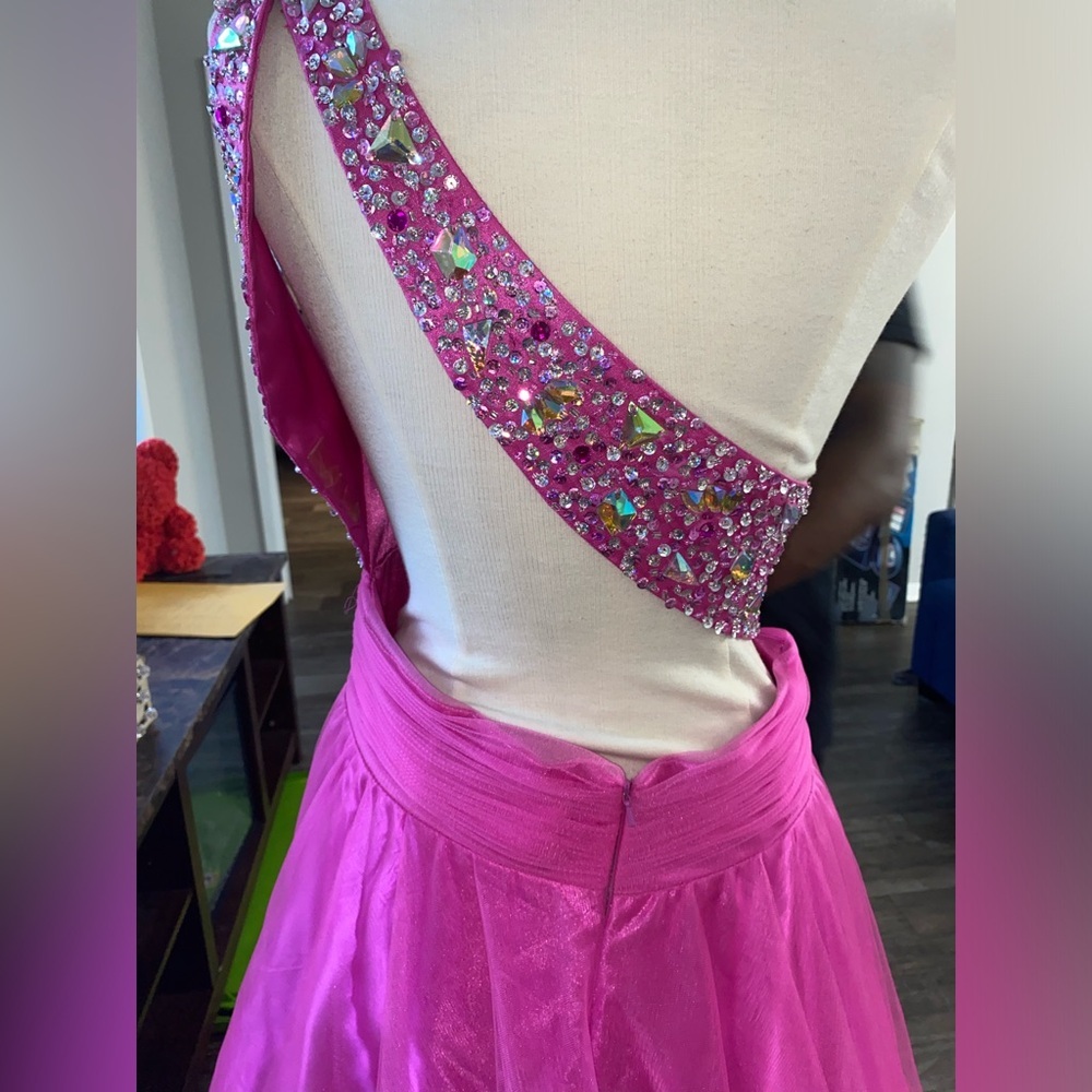 Tiffany Designs Size One Shoulder Sequined Hot Pink Ball Gown - Picture 5 of 6